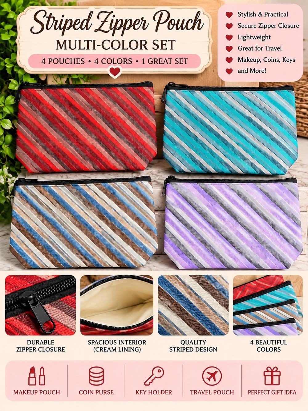 Striped Zipper Pouch Set - Multi-Color (Red, Teal, Brown, Purple)